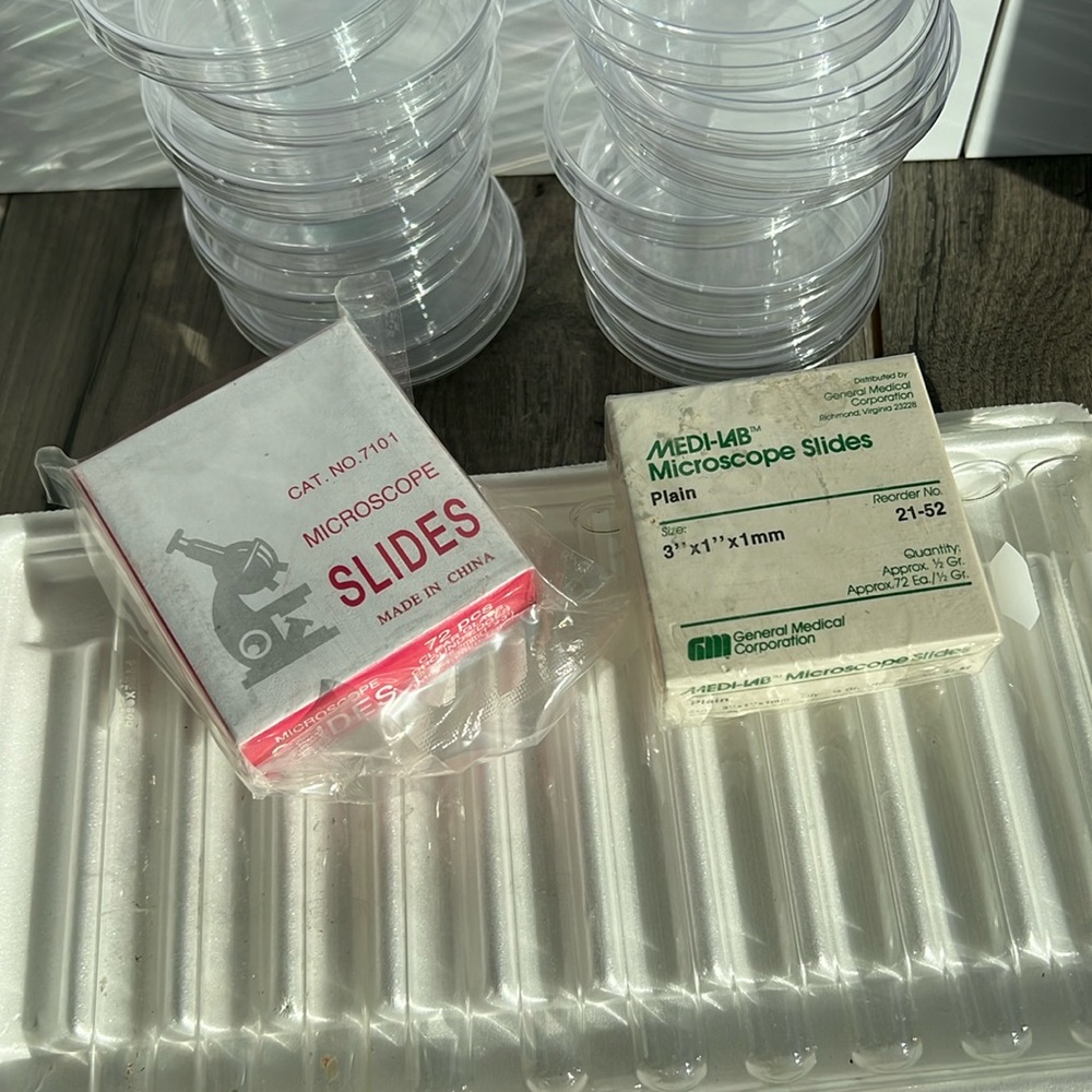 Test tubes, microscope slides, Petri dishes science stem cells education ￼